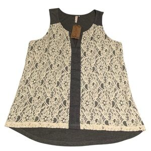 Red Camel Lace Overlay Tank Top - Gray and Cream